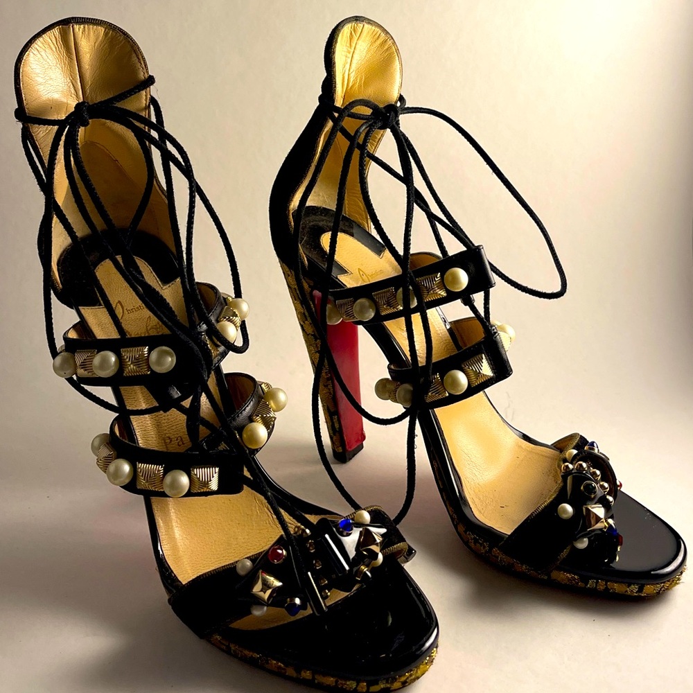 Rare Christian Louboutin Tudor Sandals Suede Pearls Gold Lace Up 38.5